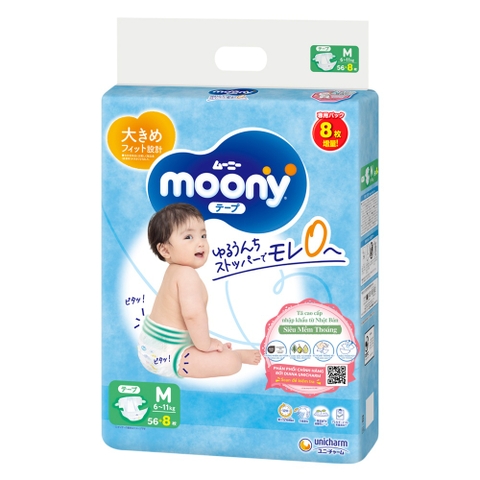 Bỉm - Tã dán Moony cộng miếng size M 56 + 8 miếng (6 - 11kg)