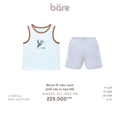 Bộ ba lỗ màu xanh phối nâu in họa tiết