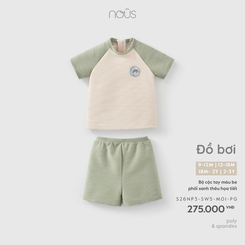 Bộ đồ bơi cộc tay màu be phối xanh thêu họa tiết