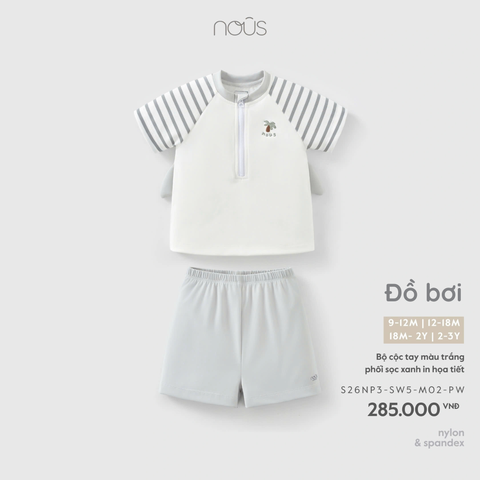 Bộ bơi cộc tay màu trắng phối sọc xanh in họa tiết