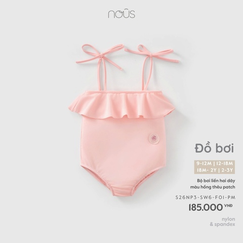 Bộ bơi liền hai dây màu hồng thêu patch