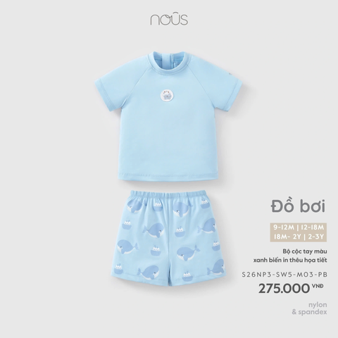 Bộ bơi cộc tay màu xanh biển in thêu họa tiết