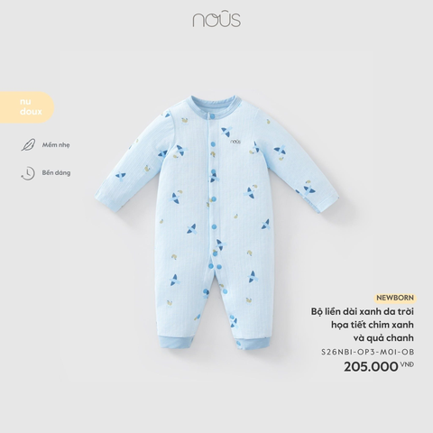 Bộ liền dài xanh da trời họa tiết chim xanh và quả chanh