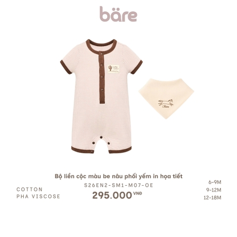 Bộ liền cộc màu be nâu phối yếm in họa tiết