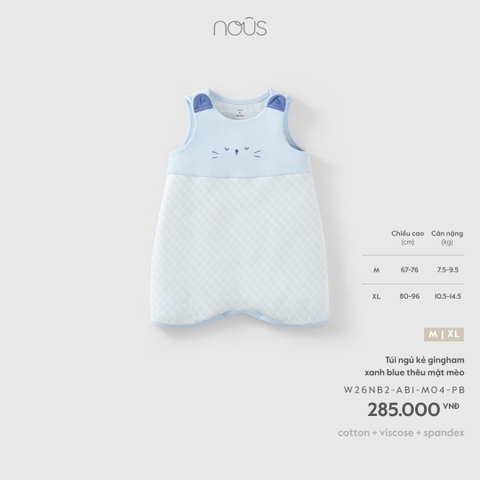 Túi ngủ kẻ gingham xanh blue thêu mặt mèo
