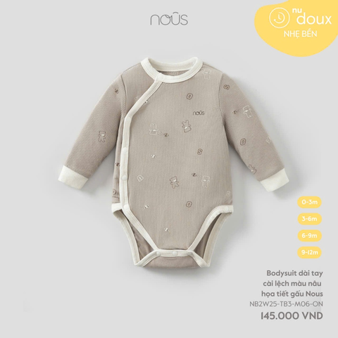 Bodysuit dài tay cài lệch màu nâu họa tiết gấu Nous