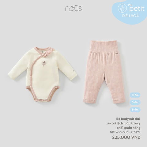 Bộ bodysuit dài áo cài lệch màu trắng phối quần hồng