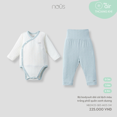 Bộ bodysuit dài cài lệch màu trắng phối quần xanh dương