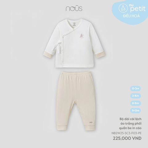 Bộ dài cài lệch áo trắng phối quần be in cáo