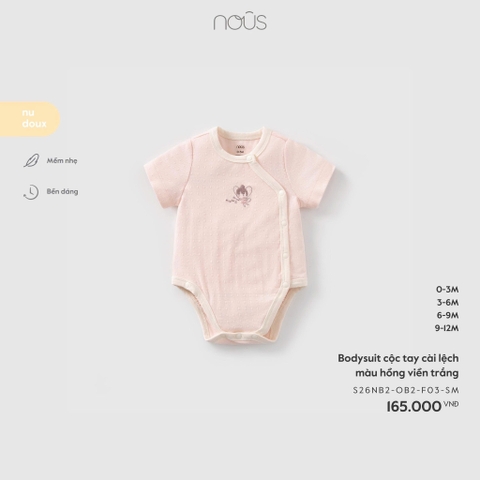 Bodysuit cộc tay cài lệch màu hồng viền trắng