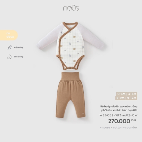 Bộ bodysuit dài tay màu trắng phối nâu xanh in tràn họa tiết