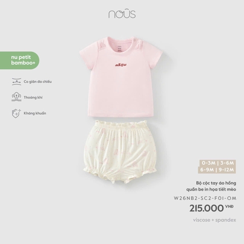 Bộ cộc tay áo hồng quần be in họa tiết mèo