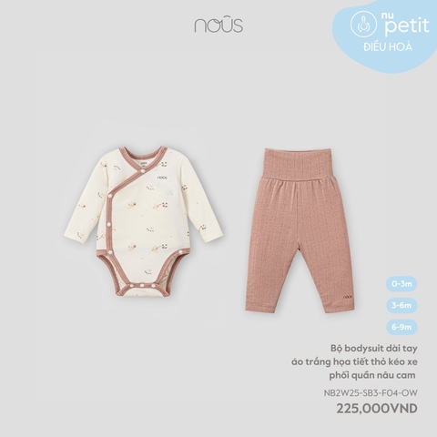 Bộ bodysuit dài tay áo trắng họa tiết thỏ kéo xe phối quần nâu cam