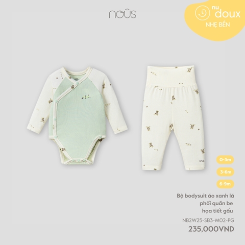 Bộ bodysuit áo xanh lá phối quần be họa tiết gấu