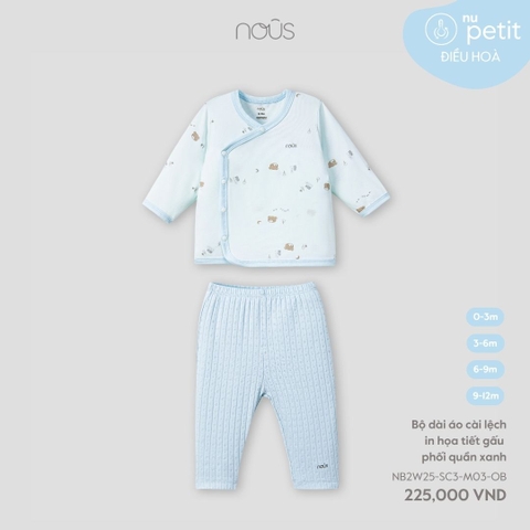 Bộ dài áo cài lệch in họa tiết gấu phối quần xanh