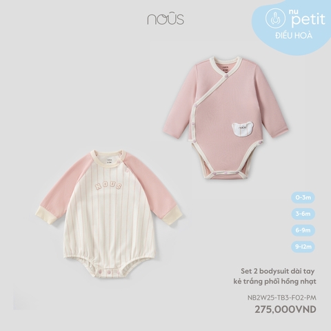 Set 2 bodysuit dài tay kẻ trắng phối hồng nhạt