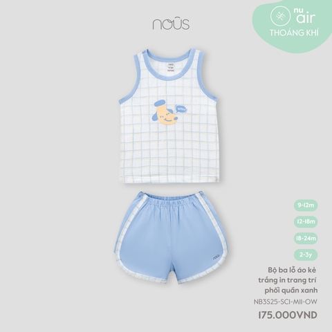 Bộ ba lỗ áo kẻ trắng in trang trí phối quần xanh