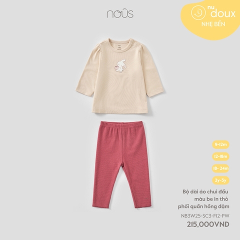 Bộ dài áo chui đầu màu be in thỏ phối quần hồng đậm