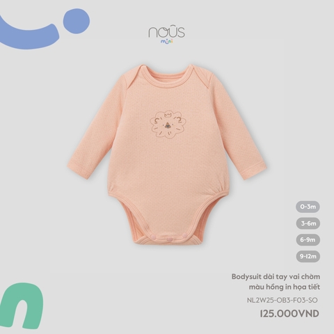 Bodysuit dài tay vai chờm màu hồng in họa tiết