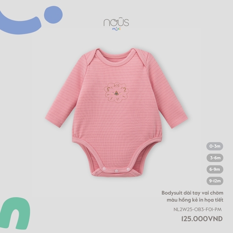 Bodysuit dài tay vai chờm màu hồng kẻ in họa tiết