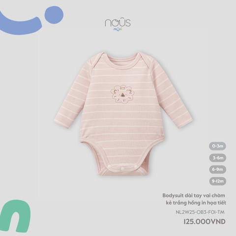 Bodysuit dài tay vai chờm kẻ trắng hồng in họa tiết