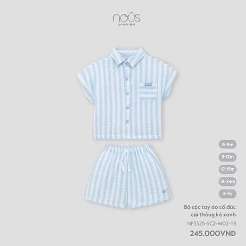 Bộ cộc tay áo cổ đức cài thẳng kẻ xanh