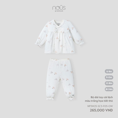 Bộ dài tay cài lệch màu trắng họa tiết thỏ