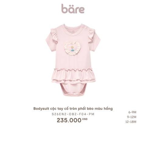 Bodysuit cộc tay cổ tròn phối bèo màu hồng