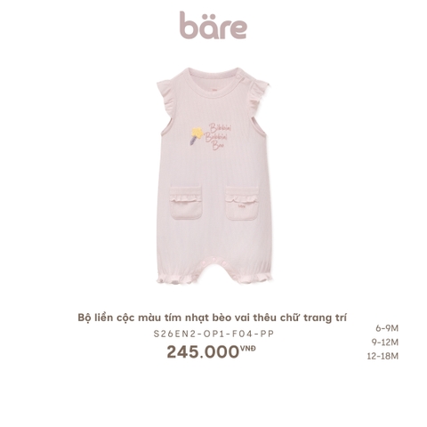 Bộ liền cộc màu tím nhạt bèo vai thêu chữ trang trí