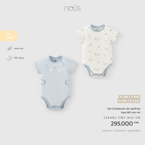 Set 2 bodysuit cộc xanh be họa tiết con voi
