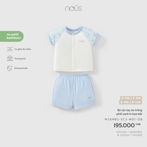Bộ cộc tay áo trắng phối xanh in họa tiết
