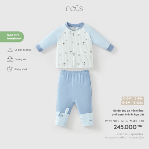Bộ dài tay áo nền trắng phối xanh biển in họa tiết