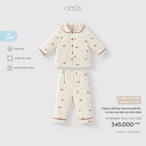 Pyjama dài tay màu be phối đỏ in tràn họa tiết cún sinh nhật