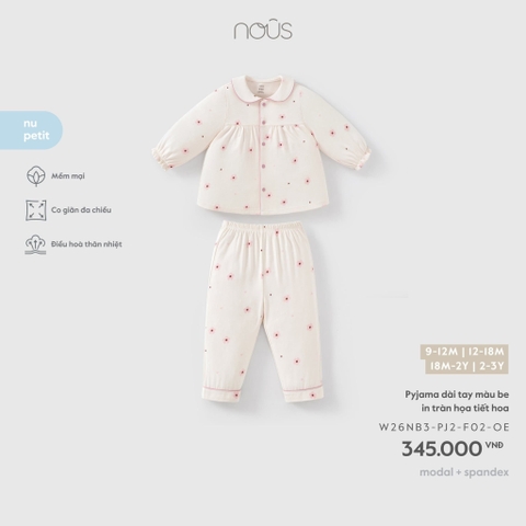 Pyjama dài tay màu be in tràn họa tiết hoa