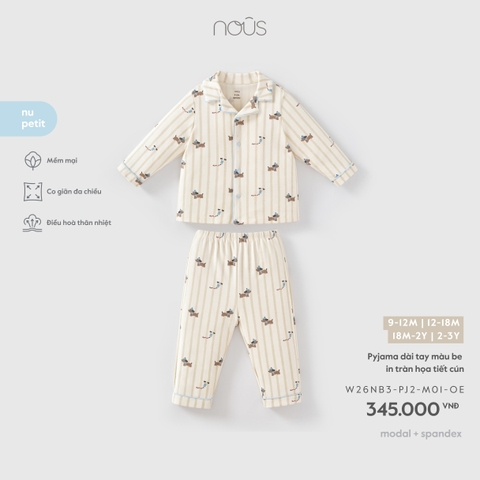 Pyjama dài tay màu be in tràn họa tiết cún