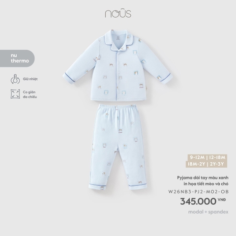 Pyjama dài tay màu xanh in họa tiết mèo và chó