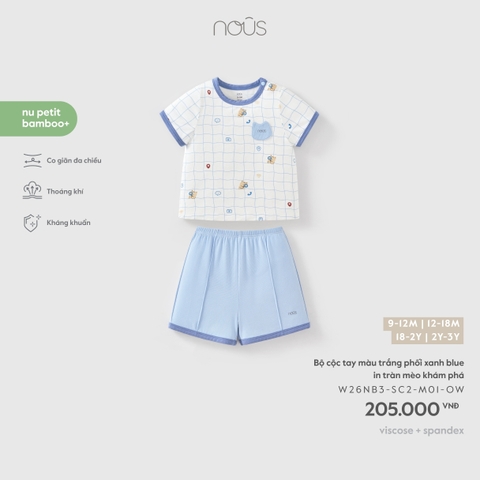 Bộ cộc tay màu trắng phối xanh blue in tràn mèo khám phá