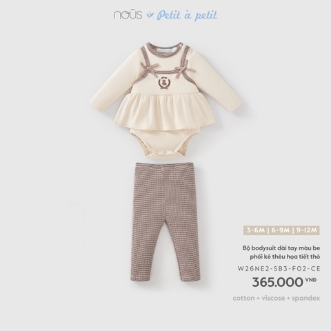 Bộ bodysuit dài tay màu be phối kẻ thêu họa tiết thỏ