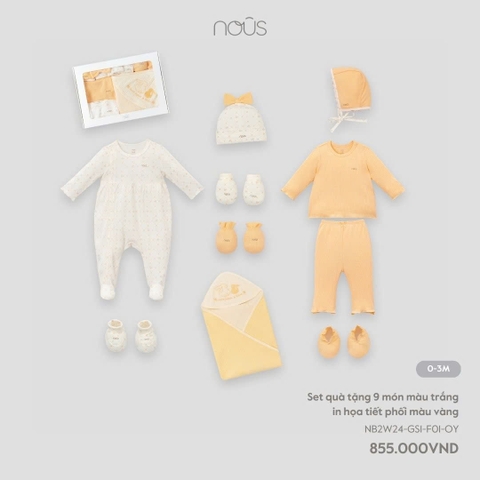 Set Quà Tặng 9 Món Màu Trắng In Họa Tiết Phối Vàng NU2188