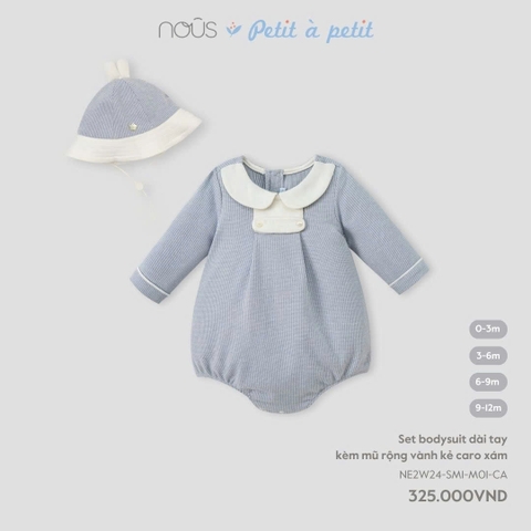 Set Bodysuit Dài Tay Kèm Mũ Rộng Vành Kẻ Caro Xám NU2195