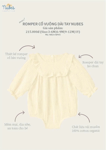 Romper Dài Tay Cổ Vuông Muslin
