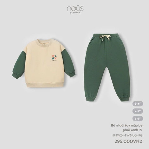 Bộ Nỉ Dài Tay Màu Be Phối Xanh Lá NU2327