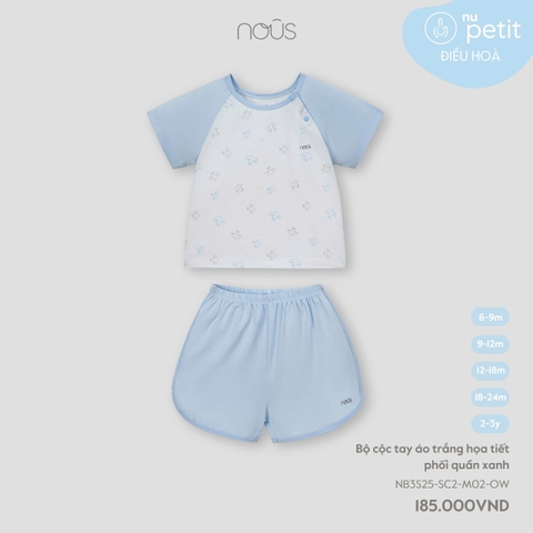 Bộ cộc tay áo trắng họa tiết phối quần xanh