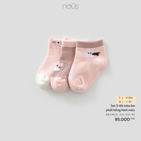 Set 3 tất màu be phối hồng hình mèo