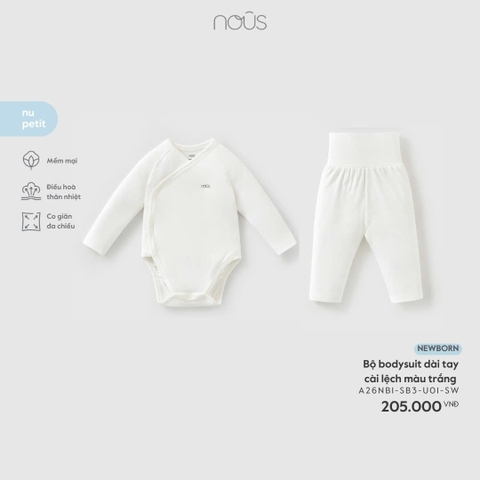 Bộ bodysuit dài tay cài lệch màu trắng