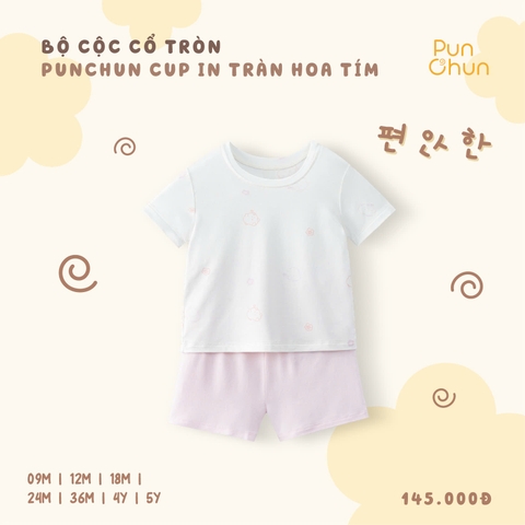 Bộ cộc cổ tròn Punchun Cup in tràn hoa tím