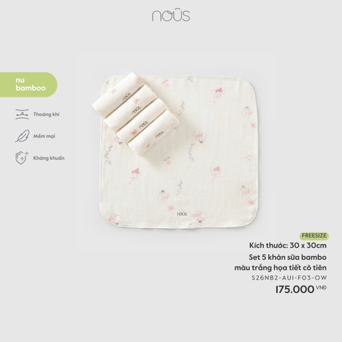 Set 5 khăn sữa bamboo màu trắng họa tiết cô tiên