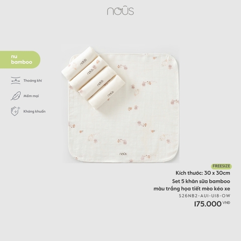 Set 5 khăn sữa bamboo màu trắng họa tiết mèo kéo xe