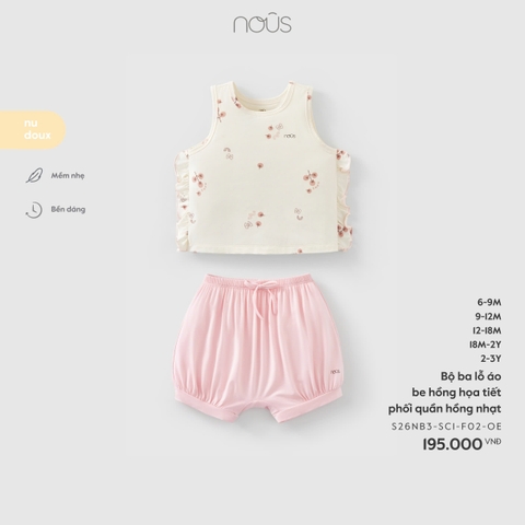 Bộ ba lỗ áo be hồng họa tiết phối quần hồng nhạt