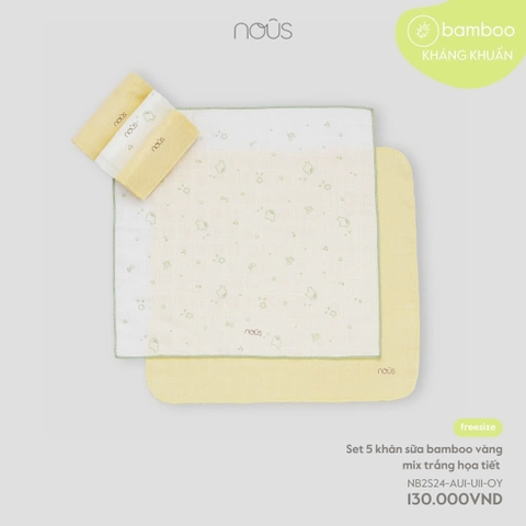 Set 5 khăn sữa bamboo vàng mix trắng họa tiết
